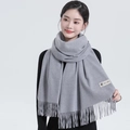 Elegant grey cashmere scarf with fringe details worn by a model on a white background - Thickened Tassel Style (330g) / 200*70cm / Heather Grey