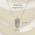 Macro view of a grey hexagonal natural stone pendant with dimensions and chain length - Labradorite
