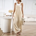 Beige loose-fit wide-leg overalls for women in soft cotton linen blend fabric - S / Apricot