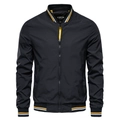 Men's black baseball jacket with windproof fabric and yellow-white striped rib cuffs - M / Black