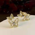 Elegant gold butterfly stud earrings with white pearls and sparkling leaf-shaped crystals - E5705 Silver Pin-Gold (Butterfly Pearl Rhinestone)