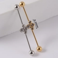 Silver and gold stainless steel industrial barbell featuring clear crystal flower design - NO 15 4-Stone Cluster