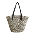 Beige and black wave pattern paper straw tote bag with black leather shoulder straps - Large / Black