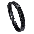 Triple-strand black braided leather bracelet for men with matte metal magnetic clasp - Black