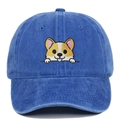 Détail de la broderie de chien Corgi sur casquette de baseball en coton délavé bleu - Réglable / Bleu royal