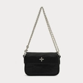 Classic black leather chain shoulder bag with a silver cross emblem and flap closure - Wild Black