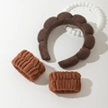 Deep brown fluffy spa headband and matching wristbands set for skincare and face washing - Dark Coffee Headband And Wristbands Set