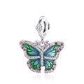 S925 sterling silver butterfly charm with teal enamel wings and colorful zircons - DUT252 Blue Green Enamel Butterfly