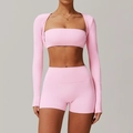 Pale pink 3-piece yoga set featuring long sleeve shrug, sports bra and high-waisted shorts - S / Top And Bottom / Sakura Pink