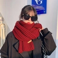 Thick dark red knitted scarf for winter with a handmade leather tag and cozy texture - Wine Red Butterfly