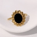 Vintage gold-plated stainless steel ring with oval black stone and sunburst frame - Black