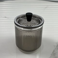 Luxury grey ribbed cotton swab dispenser with silver trim lid and black handle - Metal Conical Handle / Smoke