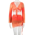 Detailed view of the orange tie-dye mesh long sleeve V-neck top and drawstring skirt set - XL / Orange