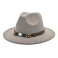 Detail view of light grey wool fedora hat with turquoise stone and brown leather band - M (56-58cm) / Light Gray