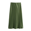 Detailed close-up of smooth olive green satin midi skirt with elegant silky drape - Green