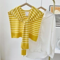 Knitted shawl with yellow and white stripes styled over a white long-sleeved shirt - Yellow Plaid