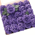 Pack of 25 purple artificial PE foam roses with green leaves for wedding decor - Dark Purple