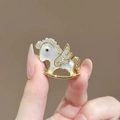 Golden rocking horse brooch with white mother of pearl and sparkling crystals - 826# Winged Little White Horse