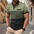 Men's polo shirt featuring green and black color block stripes and a stand-up collar - Green