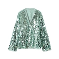 Detail of mint green sequin long sleeve blouse with wrap V-neck and waist tie design - Green
