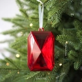 Sparkling red rectangle faux gemstone ornament hanging on a Christmas tree with white ribbon - Square Gem / Red