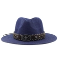 Navy blue western straw cowboy hat with a vintage bull head buckle and metallic studs - M (56-58cm) / Navy Blue