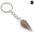 Conical grey agate crystal keychain with silver hexagonal stone pendant on white background - Grey Agate