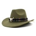 Chapeau de cowboy en feutre vert foncé avec ruban tribal et accessoire de crâne de taureau - Vert Militaire