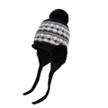 Bonnet d'hiver en tricot noir et blanc avec trois pompons en fausse fourrure et oreillettes - Noir