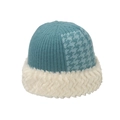 Winter knitted houndstooth bucket hat for women with blue ribbing and white faux fur trim - Aqua Blue