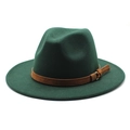 Detail view of dark green wool felt jazz hat with brown suede band and gold buckle - Dark Green