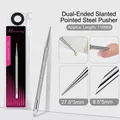 Dual-end stainless steel nail pusher with textured handle and precision tip for cuticles - Double-ended Slanted Pointed Pusher 03