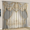 Elegant 2PCS grey and beige blackout curtains with luxury gold embroidery and valance - W2m x H2m / Grey Beige Gold Embroidery