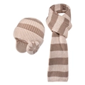 Set invernale sciarpa e cappello a maglia a righe beige e marroni con fiocchi di neve - Set Protezione Orecchie Fiocco Di Neve / Beige