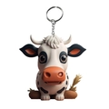 Detailed close-up of a 3D cartoon cow keychain with white spots and a silver metal ring - White Body Black Spotted Yak Style