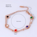 Detailed view of rose gold double-layer bracelet with colorful enamel charms and measurements - Multicolor (Rose Gold Chain)