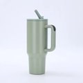 Sage green 40oz stainless steel tumbler with handle and straw on white background - Fourth Generation 40oz Gulf Leaf / 40oz