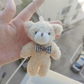 Plush beige teddy bear keychain with striped bowtie and silver bead chain accessory - Stripe Grey Bowtie Bear