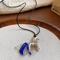 Silver horse pendant necklace with blue and white bead fringe on a black cord - 25# Necklace Silver Blue-White Bead Tail