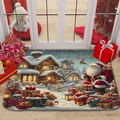 Detail of Christmas flannel floor mat featuring Santa and reindeer on wooden floor - Santa With Reindeer Figurine