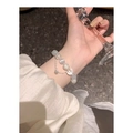 Double-layer silver bracelet with white cat-eye stones, shiny beads and round pendants - S177-white Pearl Moon Bell Bracelet #sz458