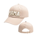Detail of adjustable metal buckle and MAMA embroidery on a cotton baseball cap - Khaki