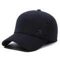 Men's winter baseball cap in dark blue textured fabric with ear protection and metal R logo - Adjustable / Letter R Navy Blue