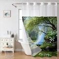 Dettaglio della tenda da doccia impermeabile con stampa di foresta e cascata e occhielli in metallo - 181x188cm Tenda da Doccia Singola / Paesaggio Cascata nella Foresta (SYL-2)