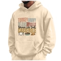 Fleece-lined cream hoodie for men with vintage Thanksgiving letter print and kangaroo pocket - S / Tops / Beige