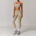 Seamless yoga set with high waist leggings and thin strap sports bra in light khaki beige - S / Sports Bra + Leggings / Terracotta