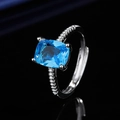 Rectangle blue sapphire ring with silver band and side stones in adjustable size - Platinum Blue Diamond Ljz-259 / Adjustable Open