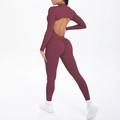 Detailed back view of burgundy long sleeve yoga jumpsuit with open back and scrunch butt - Burgundy