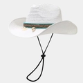 Detail of bohemian straw hat featuring colorful ethnic band and natural seashell charms - One Size / White