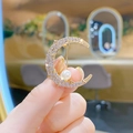 Golden crescent moon brooch with sparkling rhinestones and a white pearl accent - 230# Moon